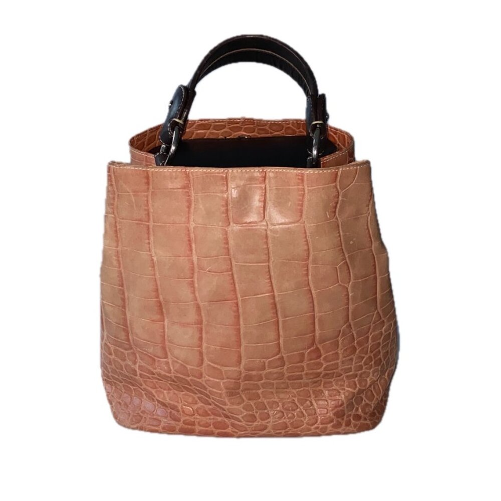 Puntotres Bucket Bag Croc Embossed Leather Pale Sand Brown Accents EUC - Picture 6 of 12